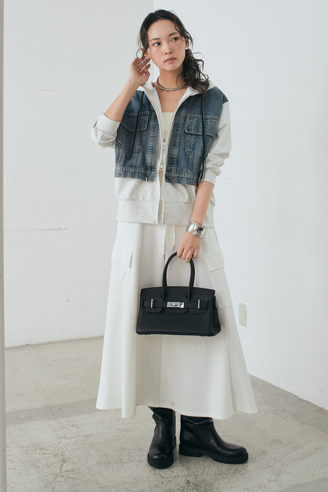 [SET]デニム切替ポンチダブルジップパーカー+リラックススウェットスカート(2set)