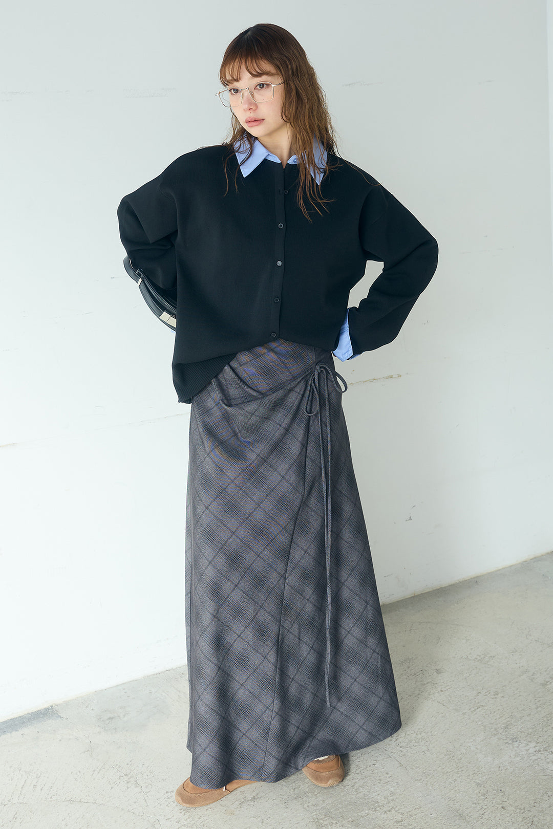[SET]シャツレイヤード風カーディガン+タータンチェック柄フロントデザインスカート(2set)
