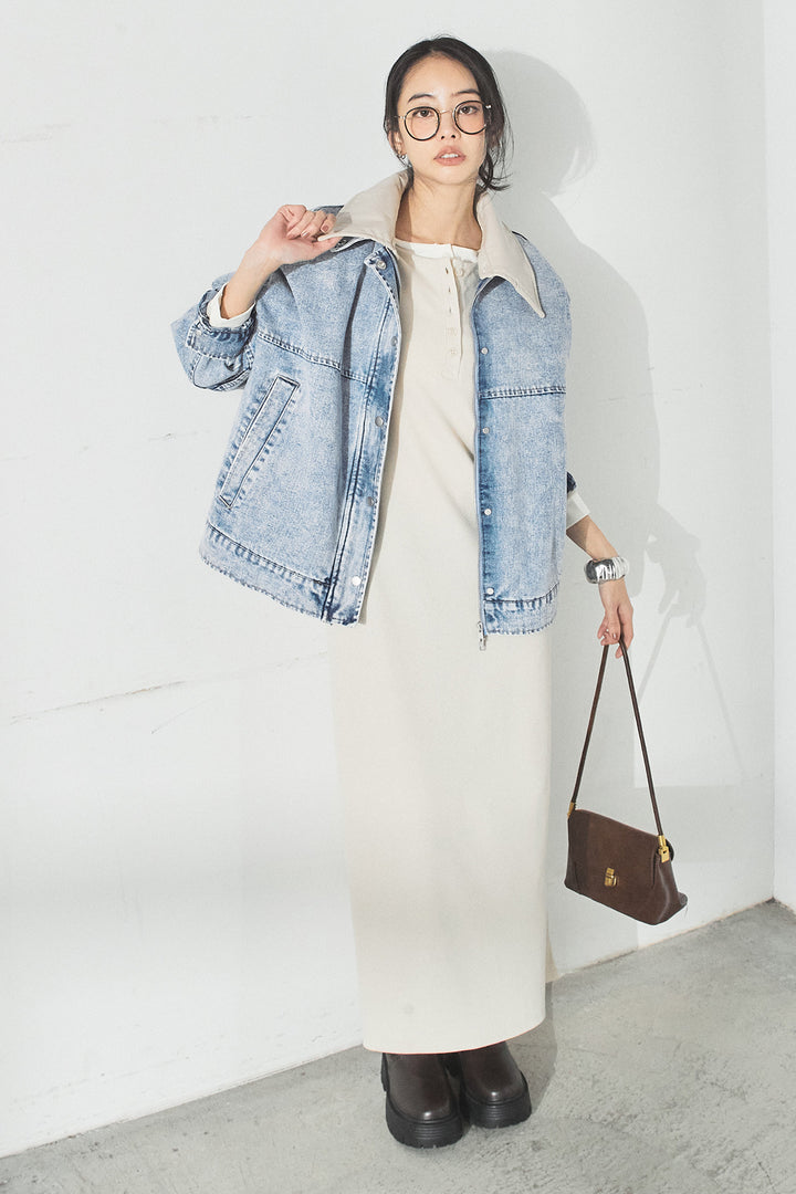 [SET]加工デニムレザー襟付きデニムブルゾン+カットリブレイヤードヘンリーネックワンピース(2set)