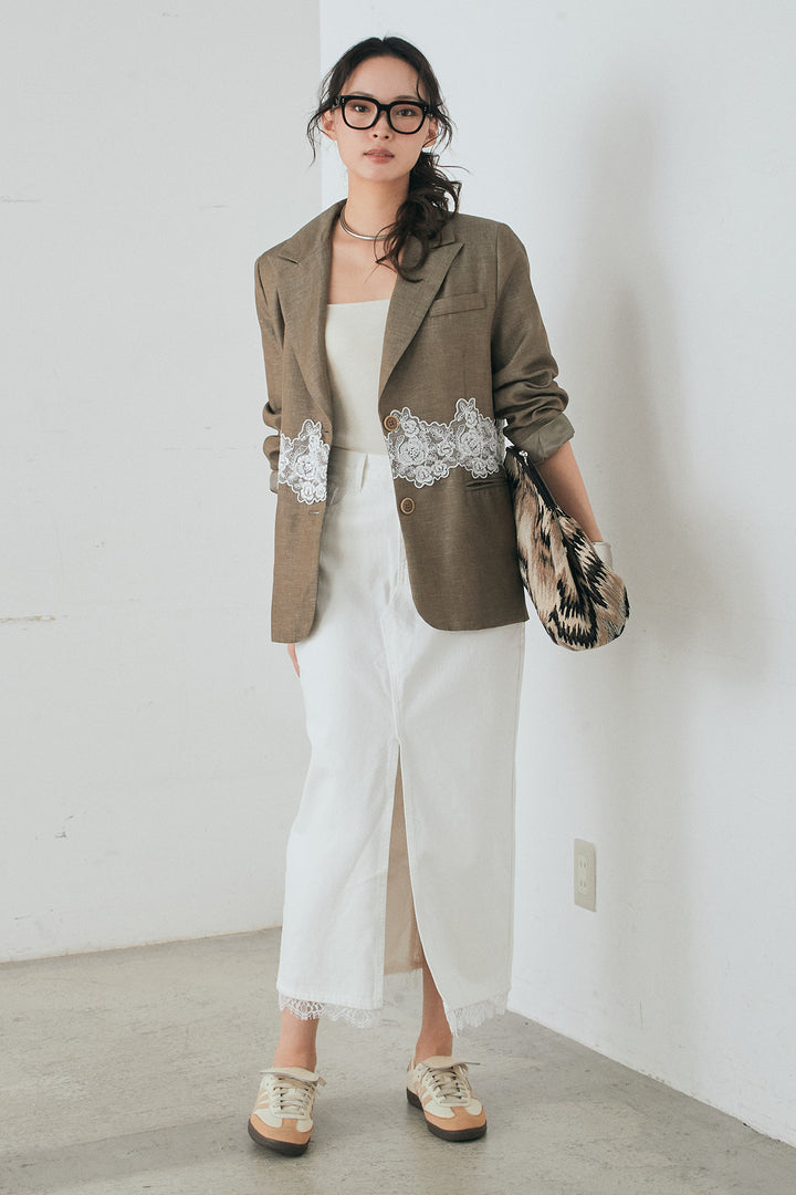 [SET]リネンタッチレースデザインジャケット+裾レースデザインデニムスカート(2set)