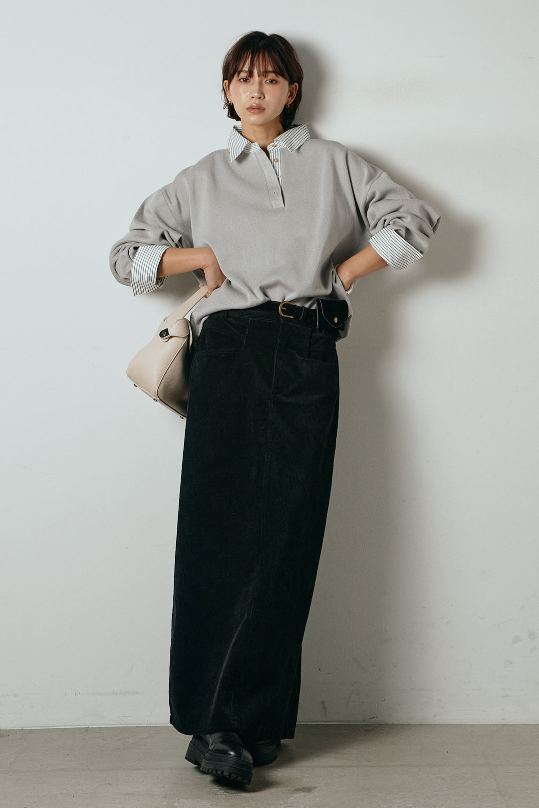 [SET]ストライプシャツドッキングポロトップス+ポーチベルト付きコーデュロイワイドスカート(2set)