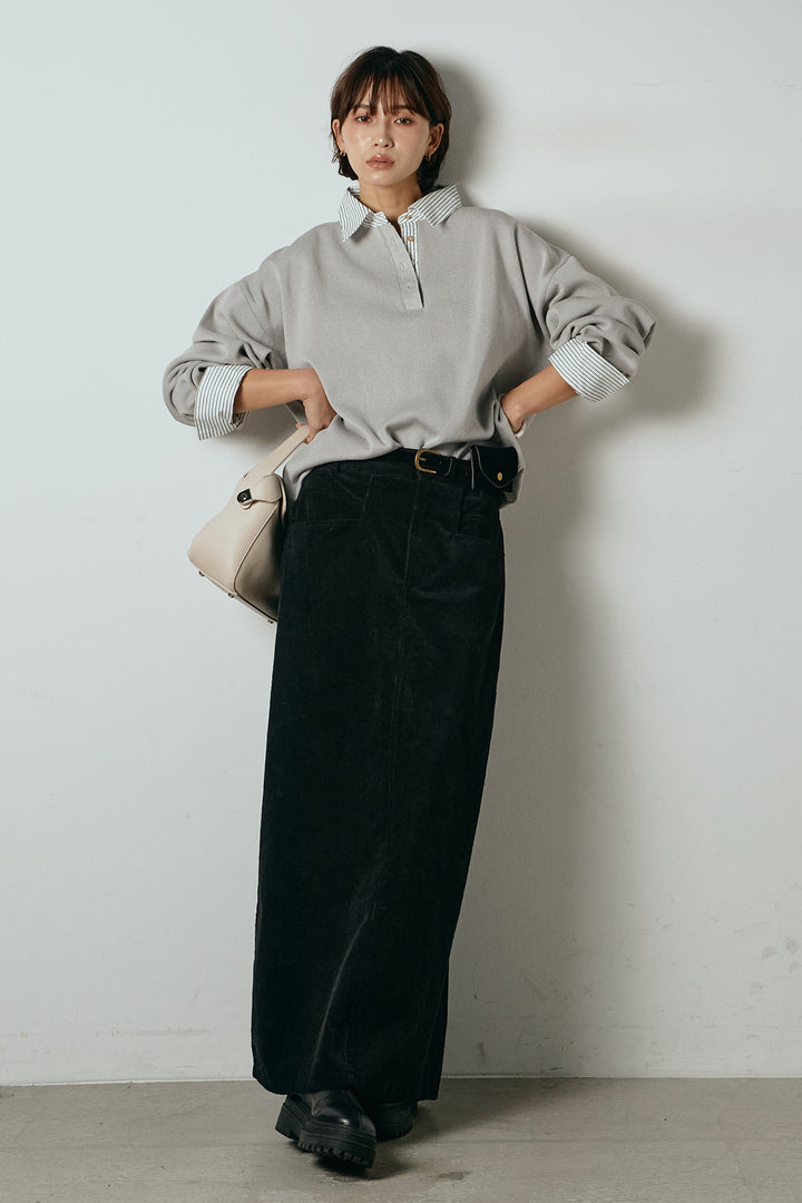 [SET]ストライプシャツドッキングポロトップス+ポーチベルト付きコーデュロイワイドスカート(2set)