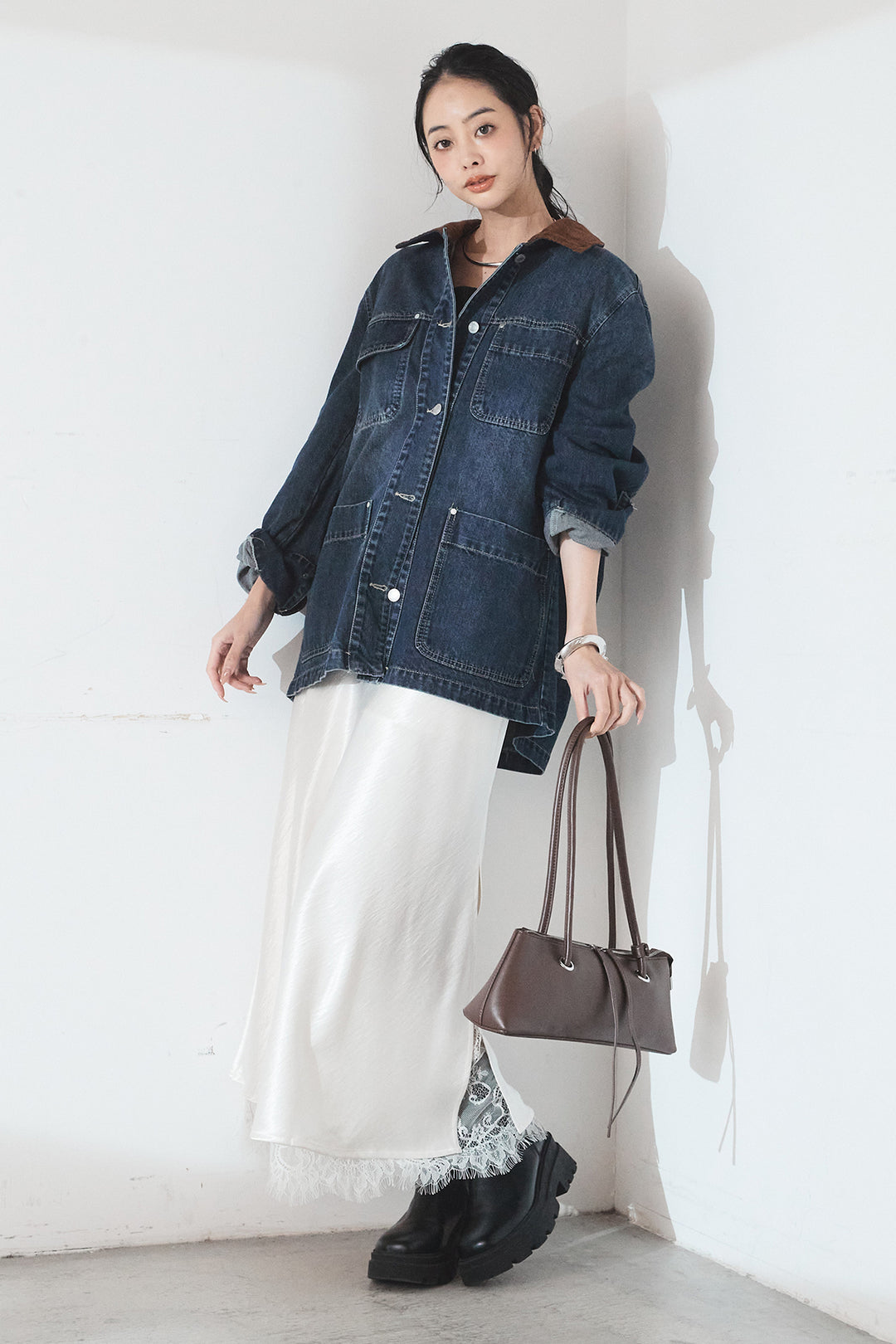 [SET]襟コーデュロイデニムカバーオール+裾レースデザインサテンスカート(2set)