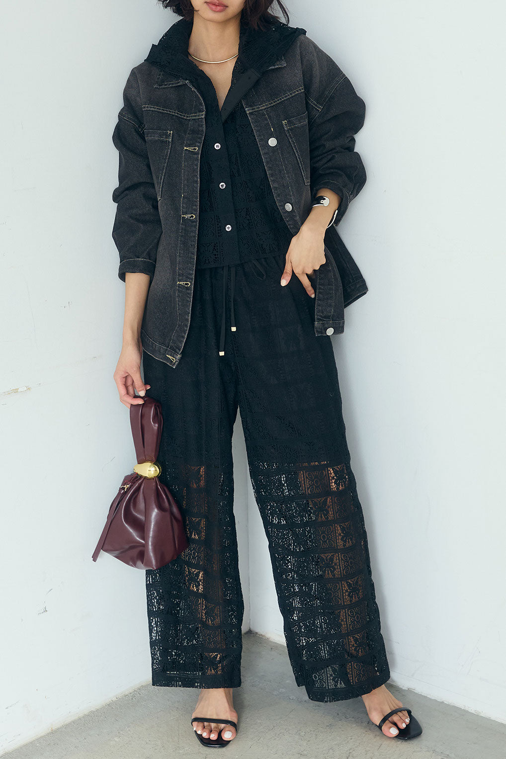 [SET]デニムオーバーサイズジャケット+パッチワークレースイージーパンツ+パッチワークレースショート丈フードシャツ(3set)