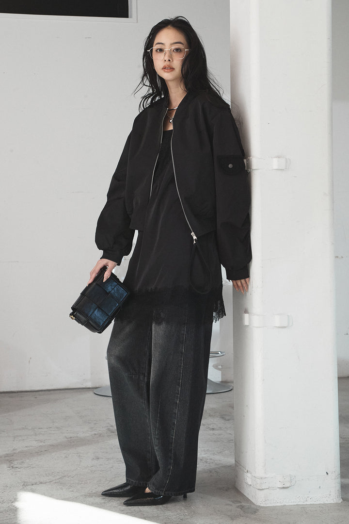 [SET]袖ギャザーデザインブルゾン+デニムアシメカーブパンツ(2set)