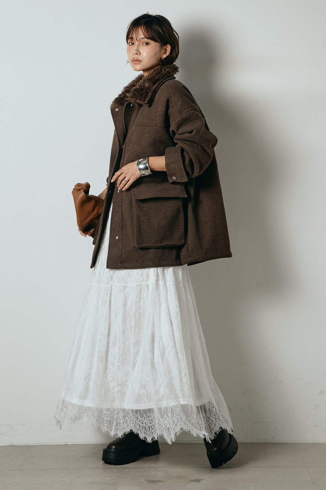 [SET]エコウール衿ファー薄中綿入りミドルカバーオール+ひげレース切替ロング丈スカート(2set)