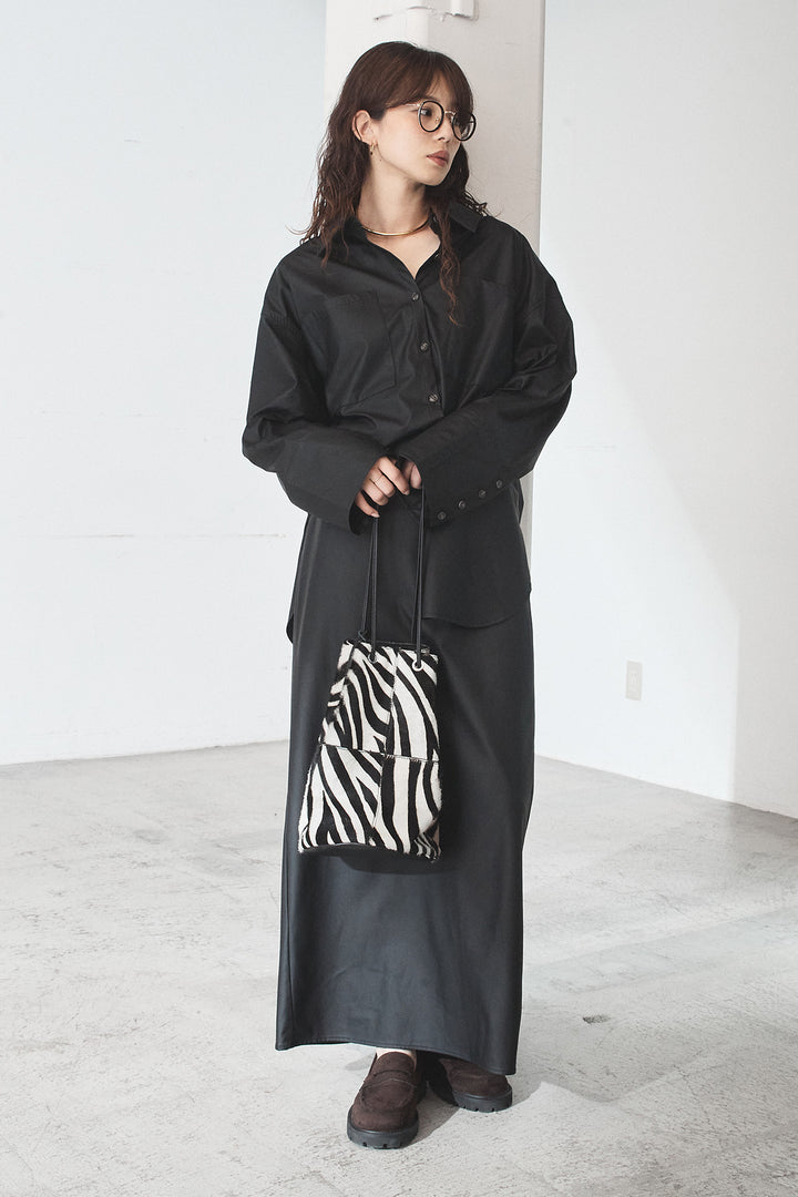 [SET]ウォッシャブルエコレザービックカフスシャツ+ウォッシャブルエコレザーナロースカート(2set)