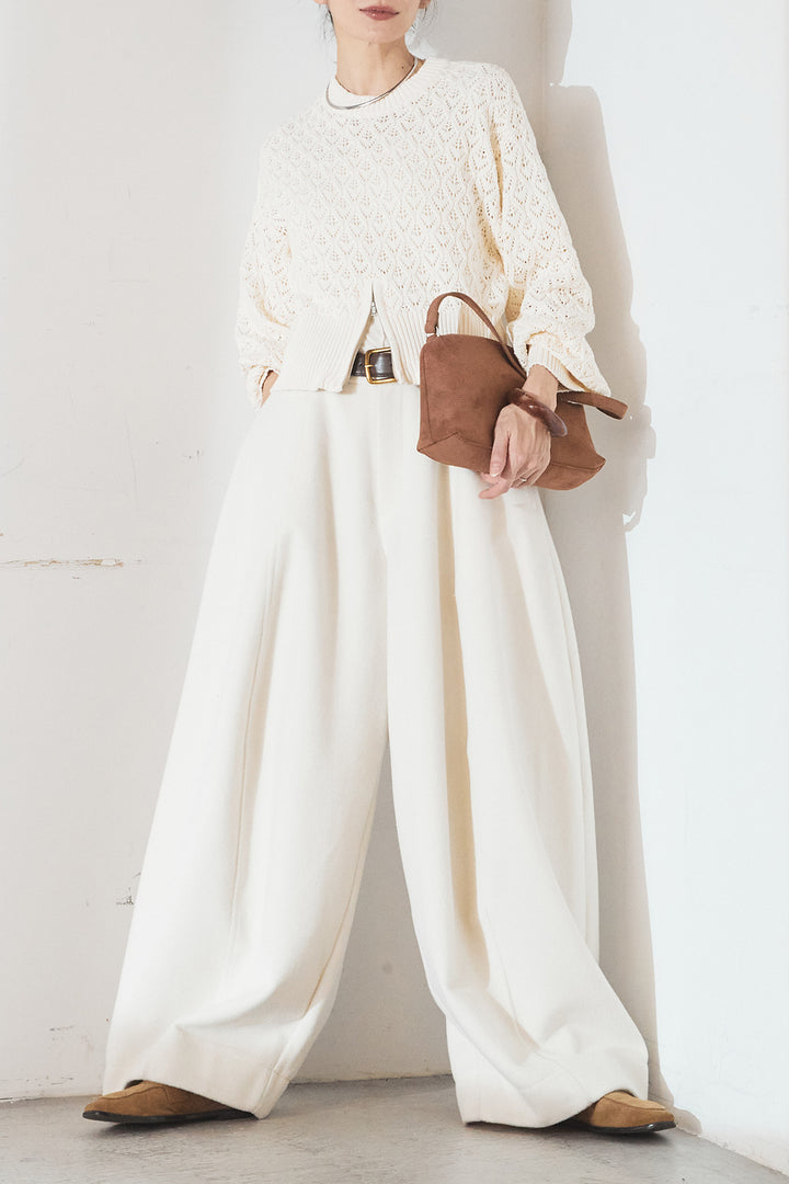 [SET]透かし編みニットジップスリットプルオーバー+ウールタッチカーブワイドパンツ(2set)