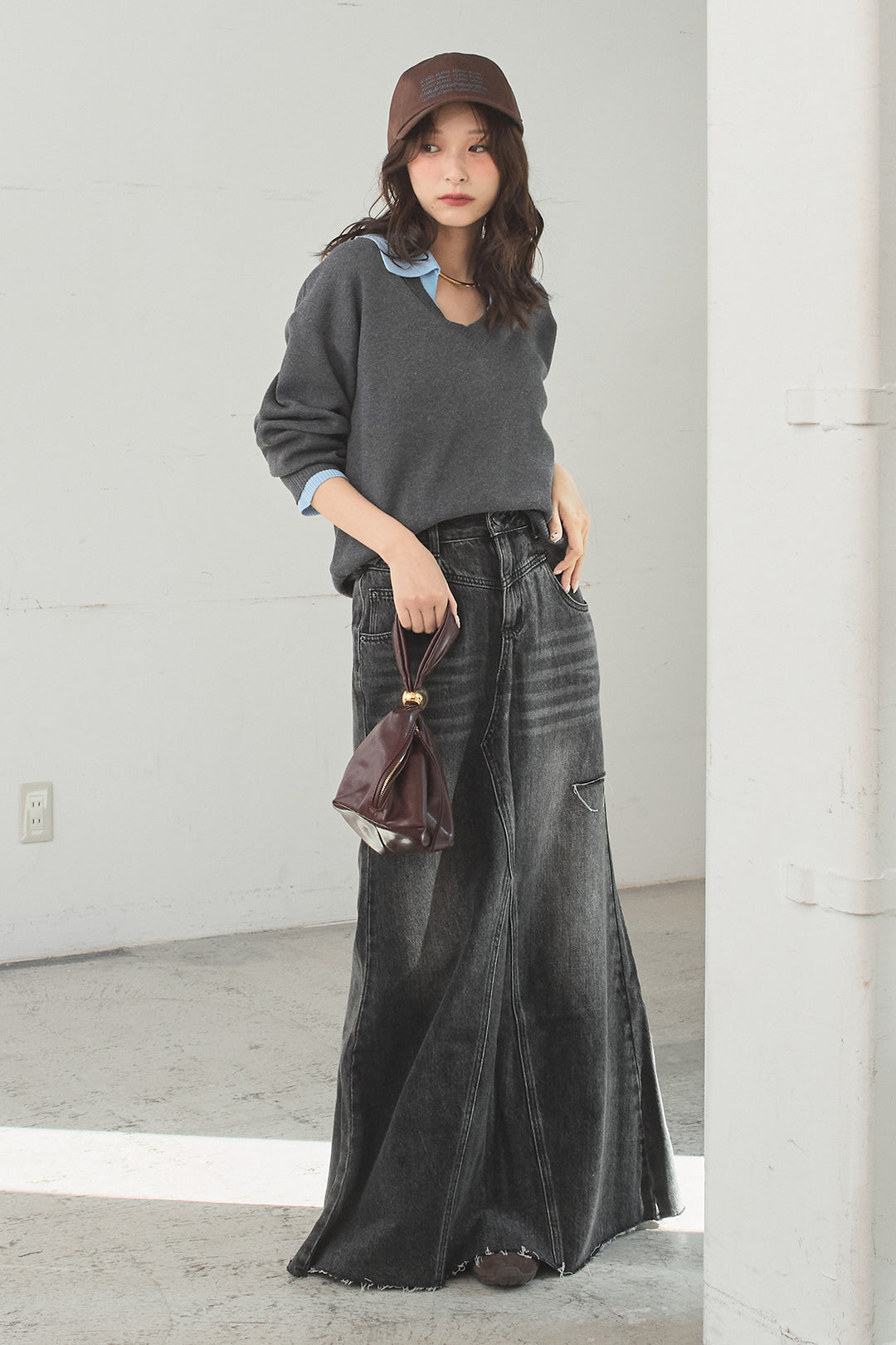 [SET]バイカラーニットレイヤード風プルオーバー+Aラインデニムスカート(2set)