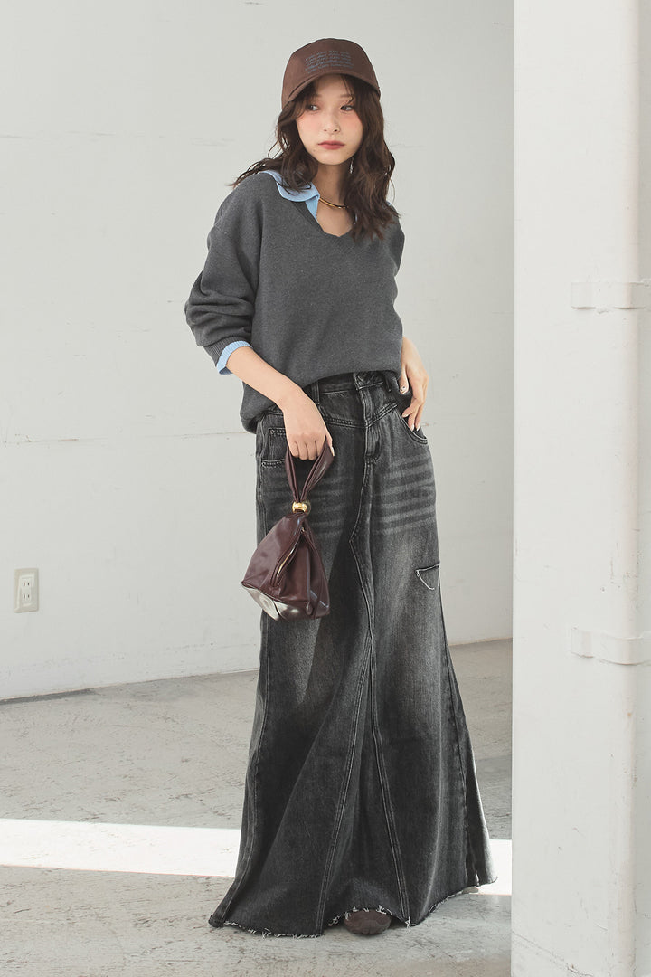 [SET]バイカラーニットレイヤード風プルオーバー+Aラインデニムスカート(2set)