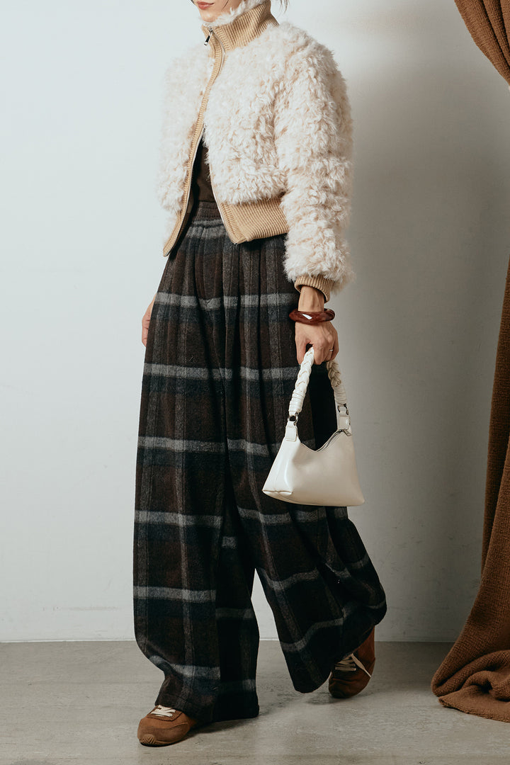 [SET]ハイネックショート丈ボアジップブルゾン+起毛タータンチェック柄ワイドパンツ(2set)