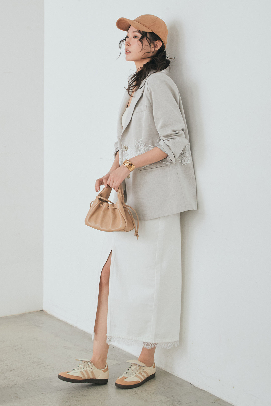 [SET]リネンタッチレースデザインジャケット+裾レースデザインデニムスカート(2set)