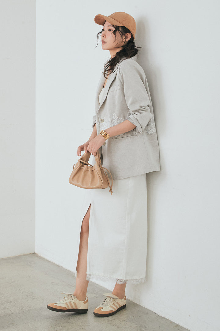 [SET]リネンタッチレースデザインジャケット+裾レースデザインデニムスカート(2set)