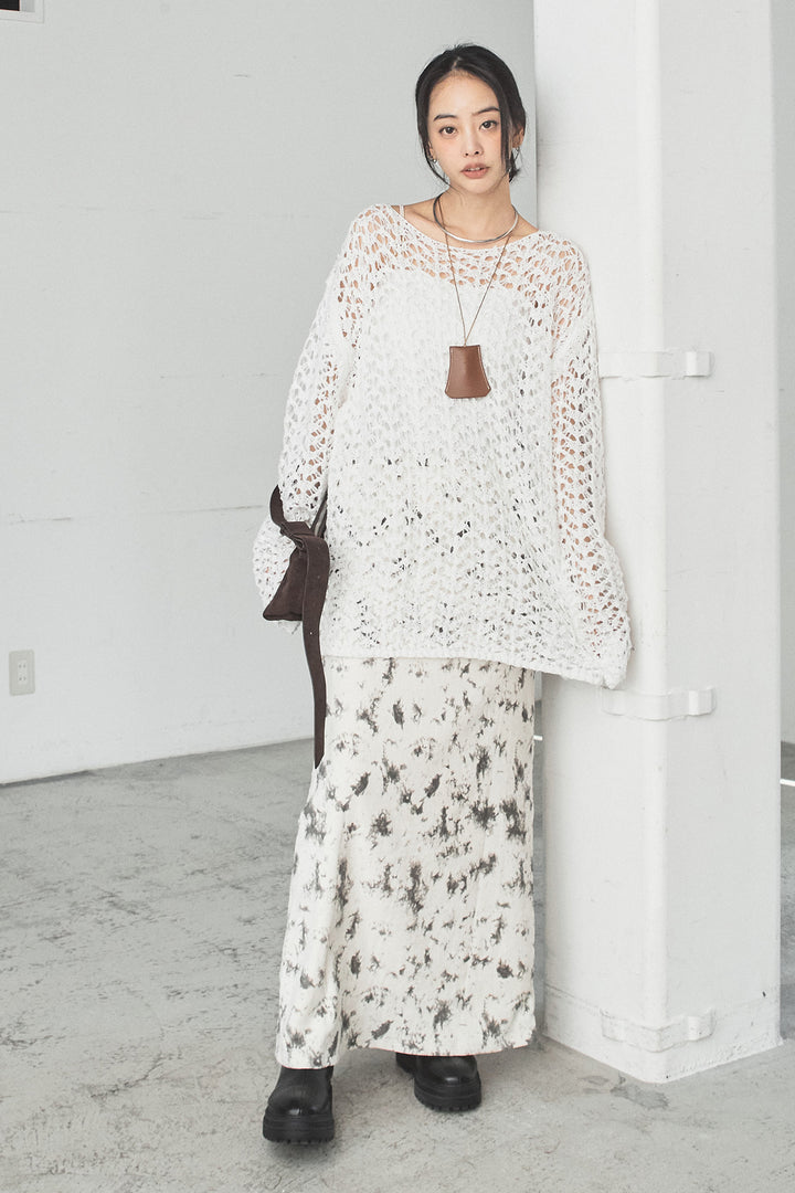 [SET]リラックスメッシュニットトップス+タイダイ柄ベロアワイドスカート(2set)