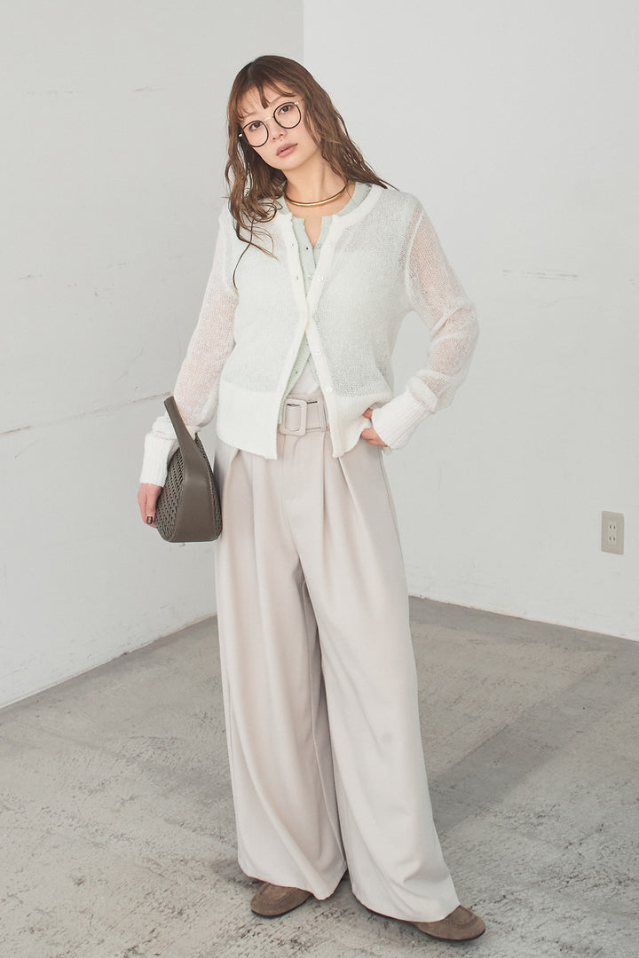 [SET]モヘア透かし編みレイヤードアンサンブルセット+ベルト付きツータックワイドパンツ(2set)