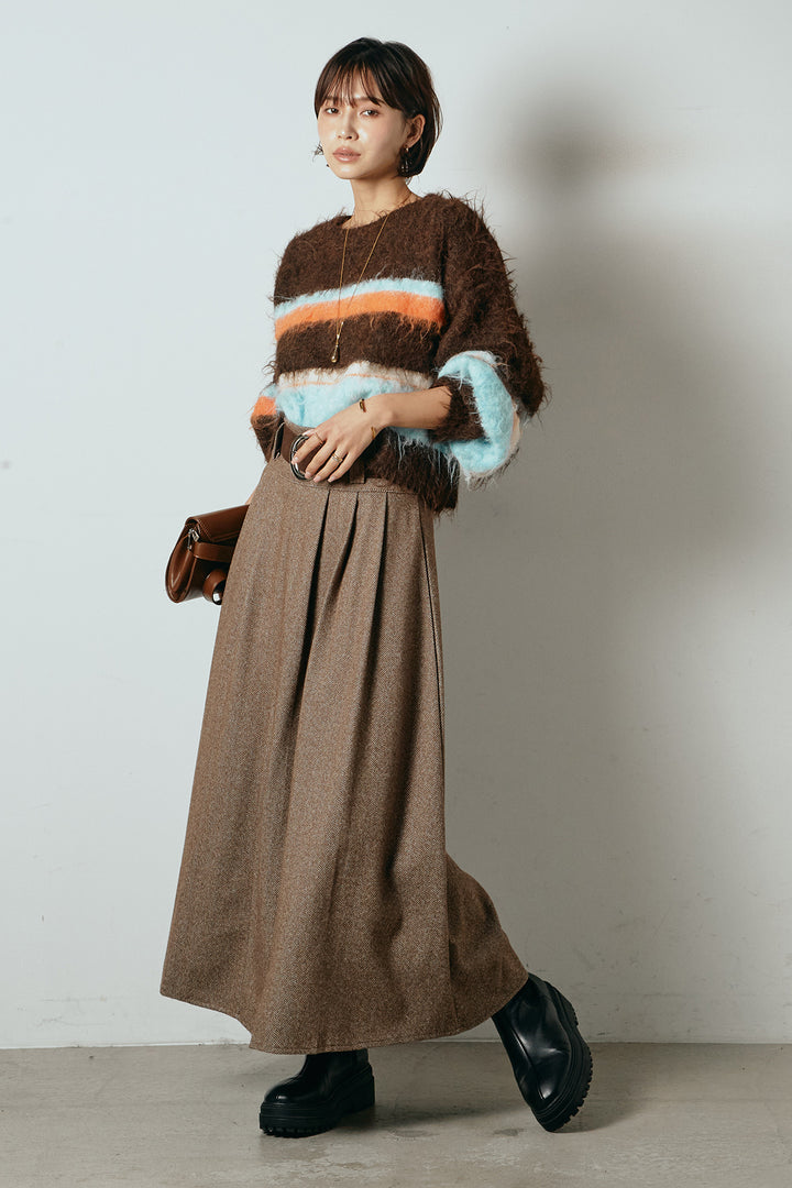 [SET]起毛配色マルチボーダーニットトップス+太ベルト付きヘリンボーンプリーツスカート(2set)