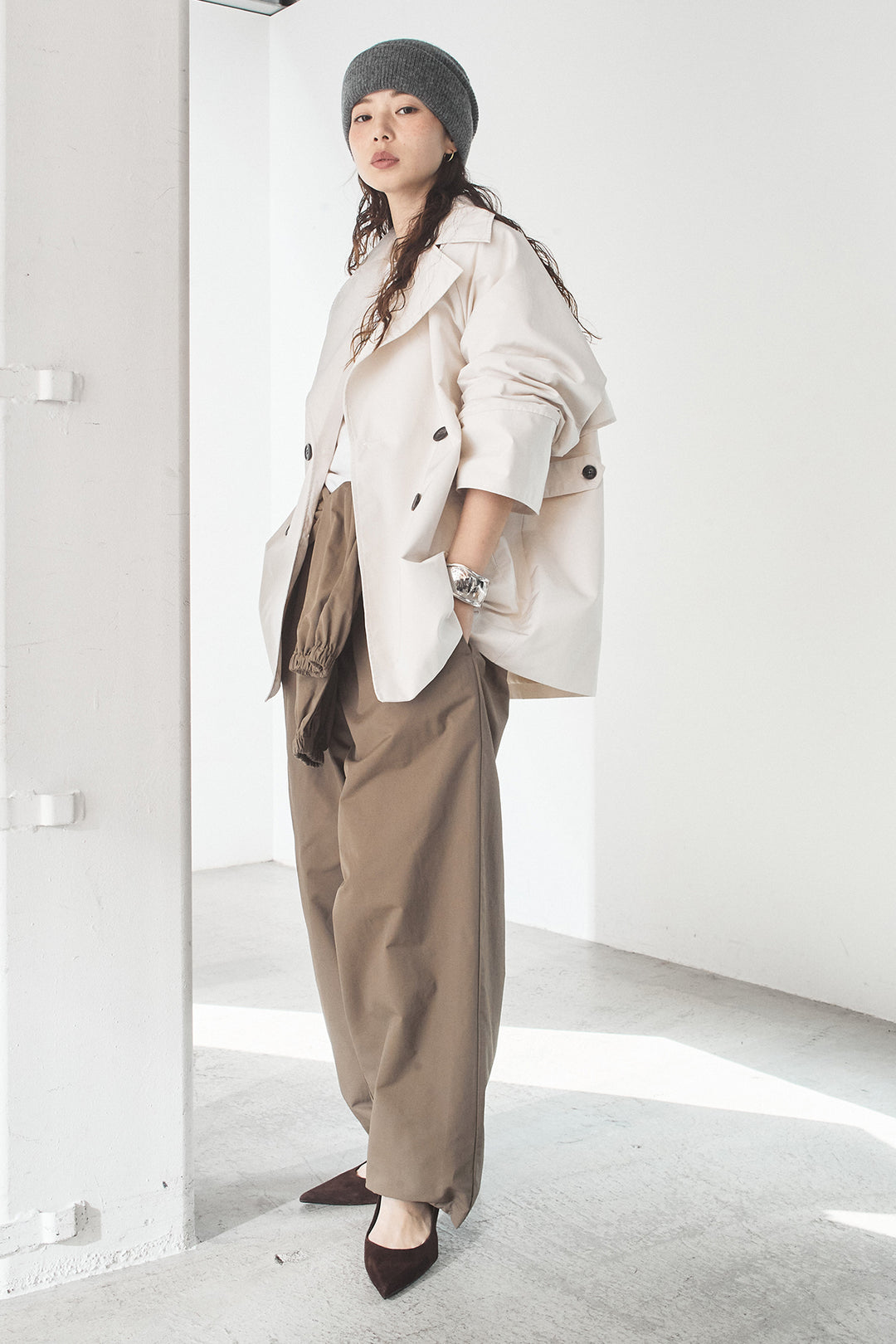 [SET]ナイロントレンチコート+合繊ツイルスタンドウエスト巻きジョガーパンツ(2set)