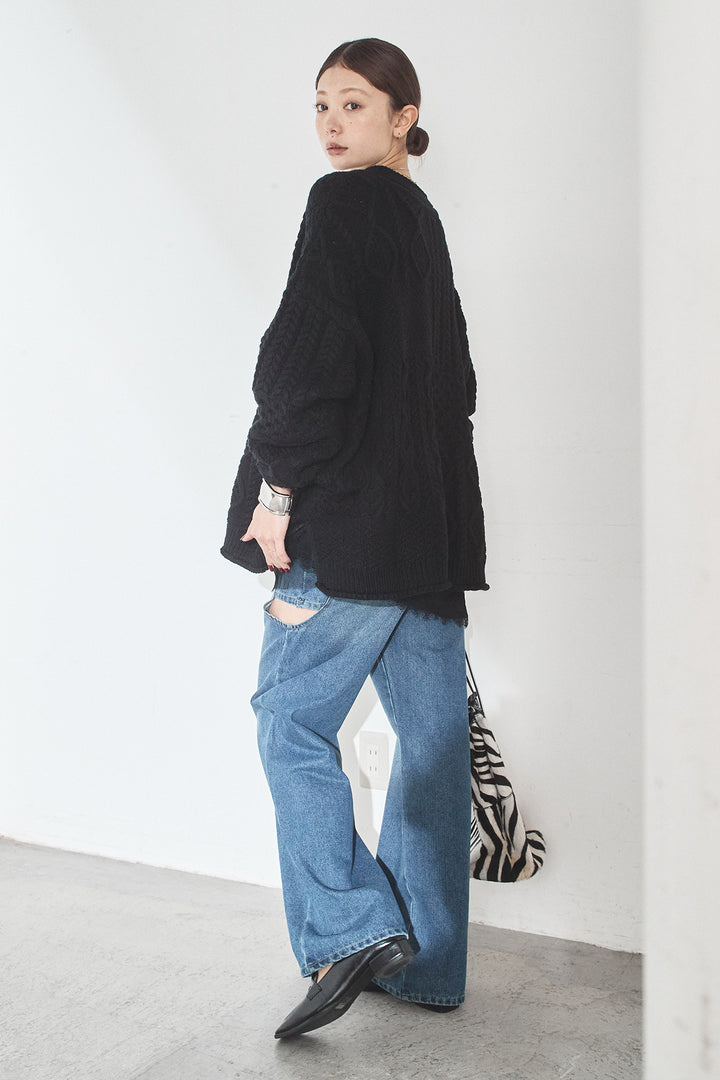 [SET]ケーブルVニットセーター+デニムサイドカットパンツ(2set)