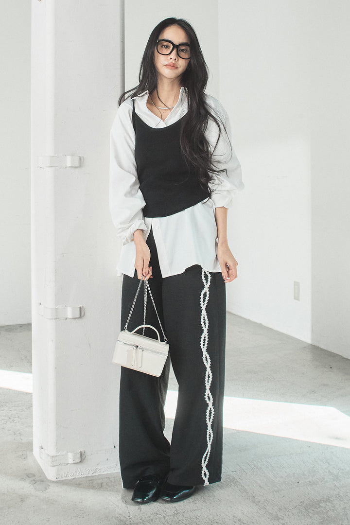 [SET]ニットキャミ付きシャツ+刺繡テープラインパンツ(2set)