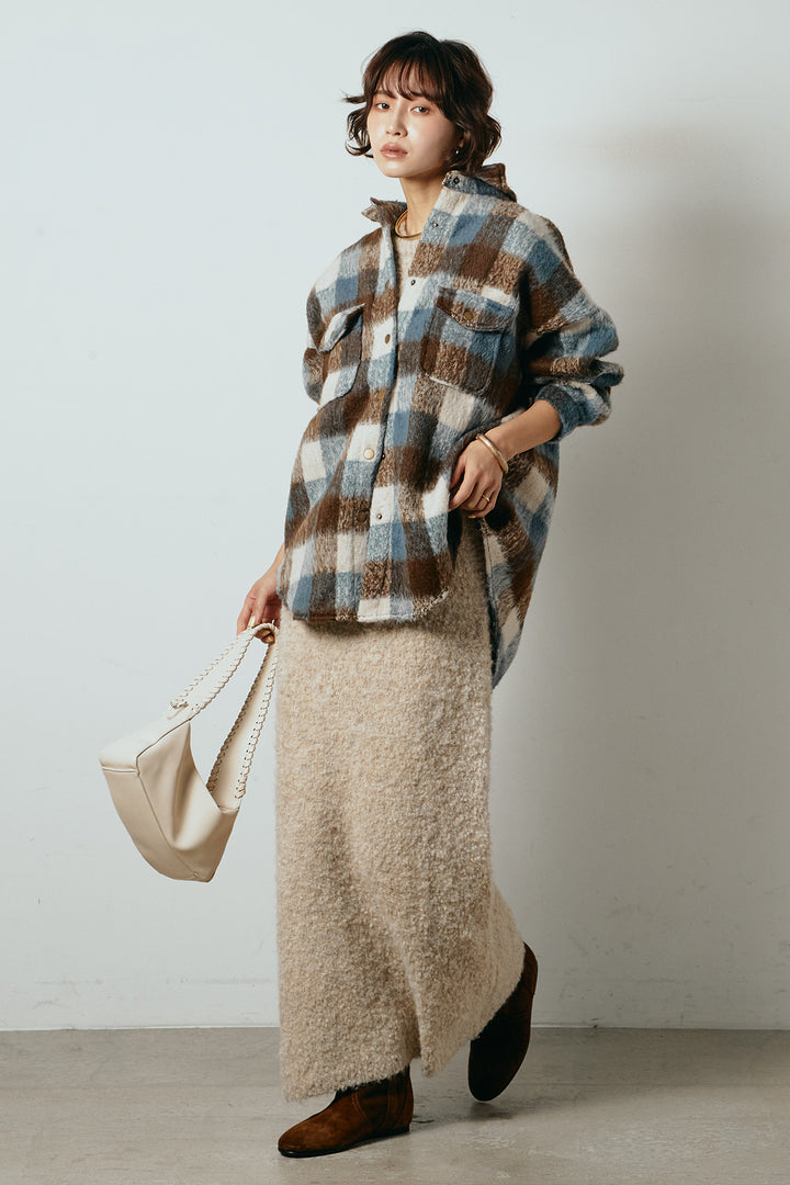 [SET]起毛チェック柄ポケットアウター+起毛ノースリーブニットロングワンピース(2set)