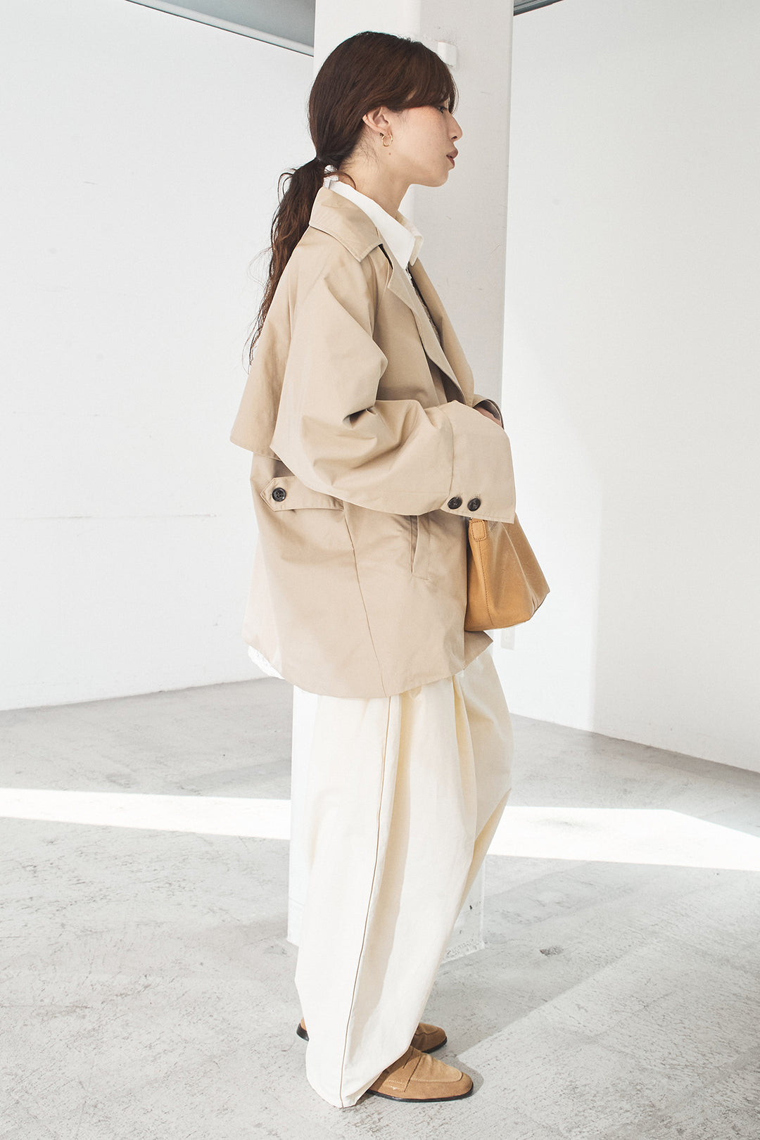 [SET]ナイロントレンチコート+合繊ツイルパイピングタックカーブパンツ(2set)