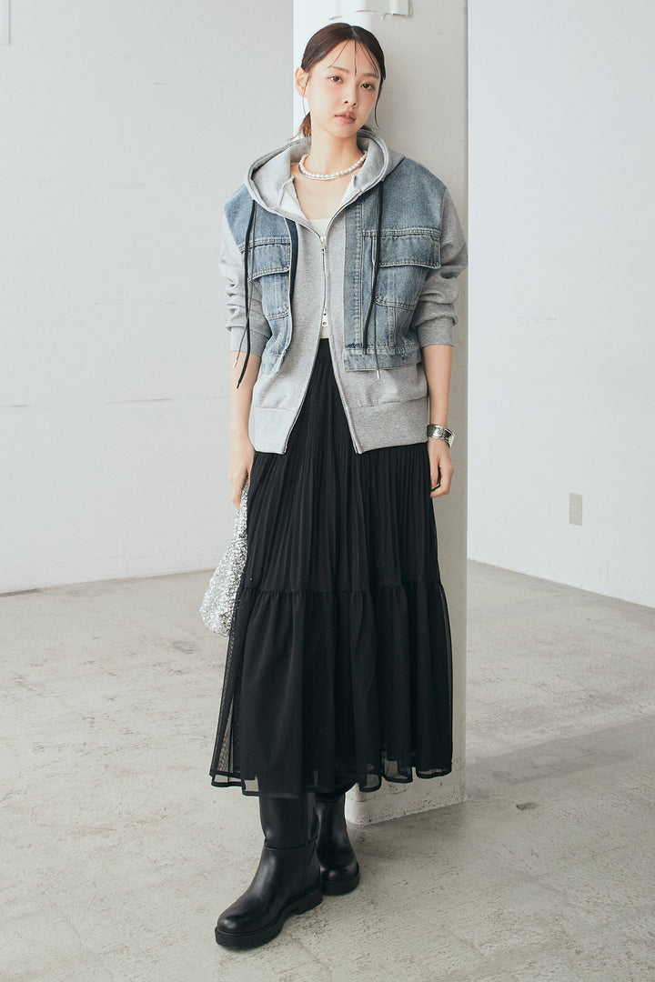 [SET]デニム切替ポンチダブルジップパーカー+ボリュームシルエットチュールスカート(2set)