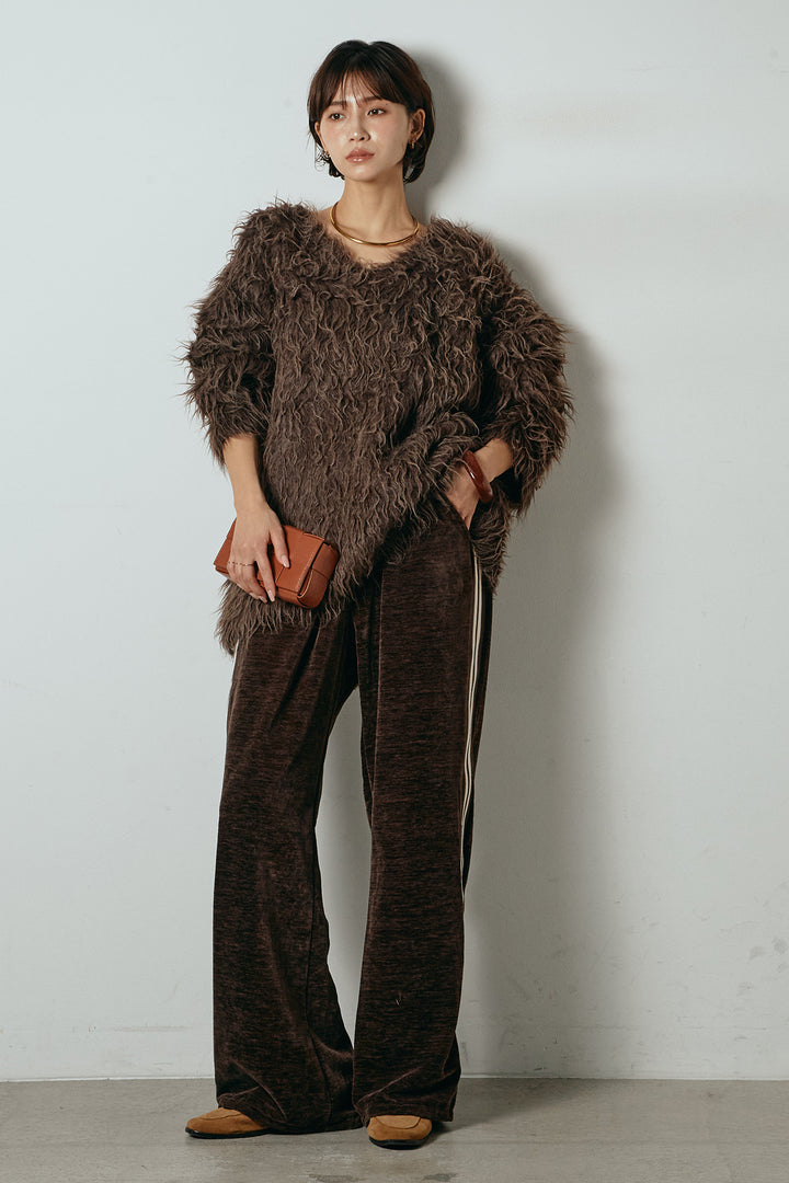[SET]深Vネックシャギーニットトップス+リラックスサイドラインベロアワイドパンツ(2set)