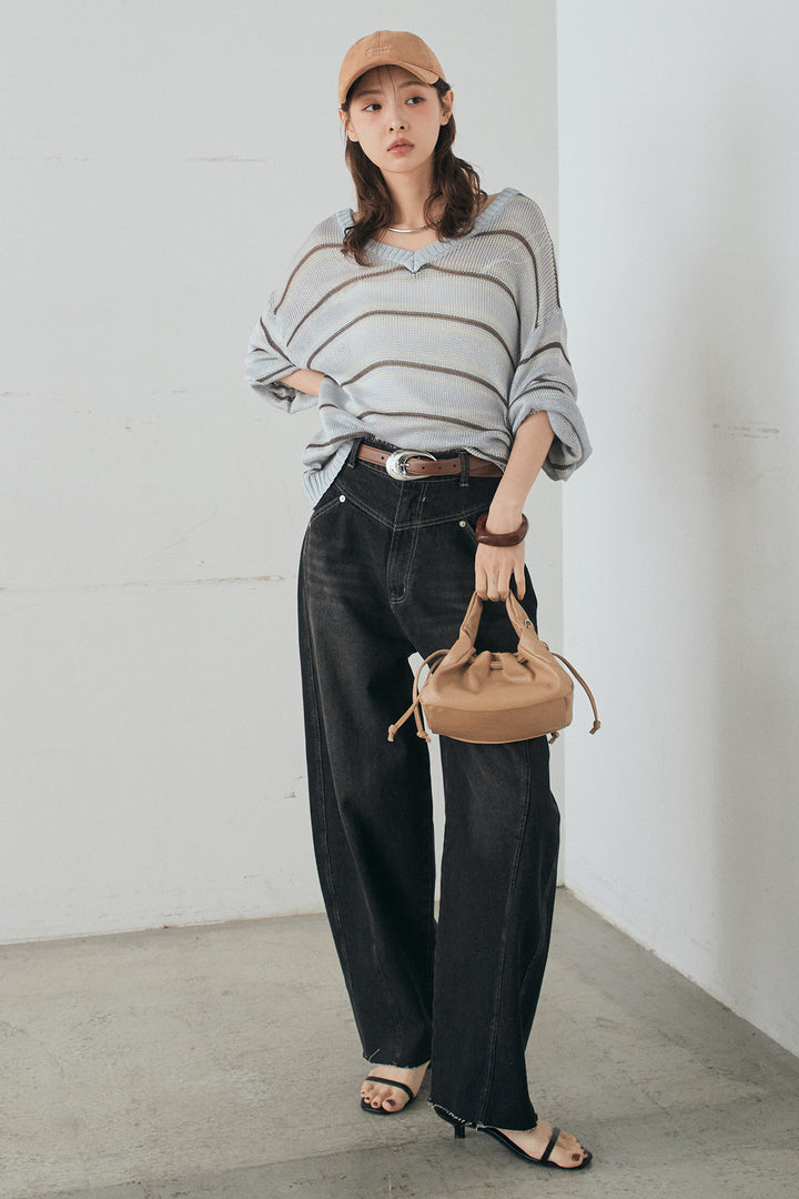 [SET]綿タッチVネックボーダートップス+デニムヨークパンツ(2set)