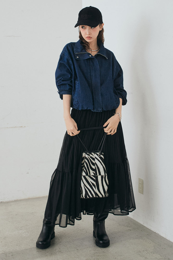 [SET]スタンドカラーデニムブルゾンジャケット+ボリュームシルエットチュールスカート(2set)