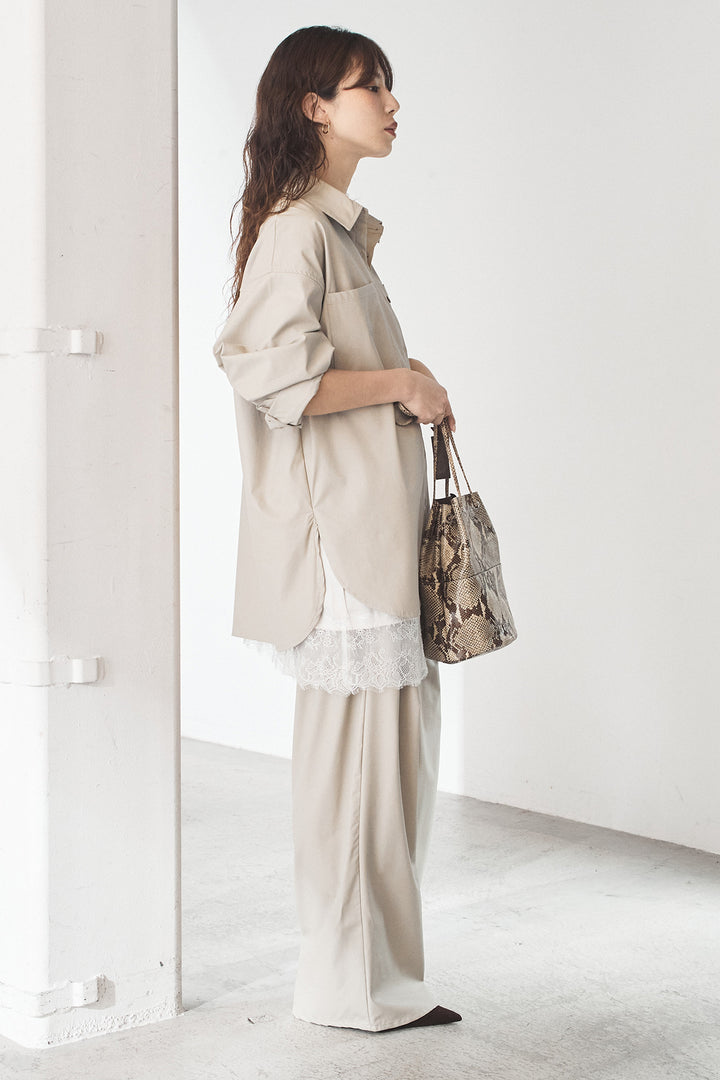 [SET]ウォッシャブルエコレザービックカフスシャツ+ウォッシャブルエコレザータックパンツ(2set)