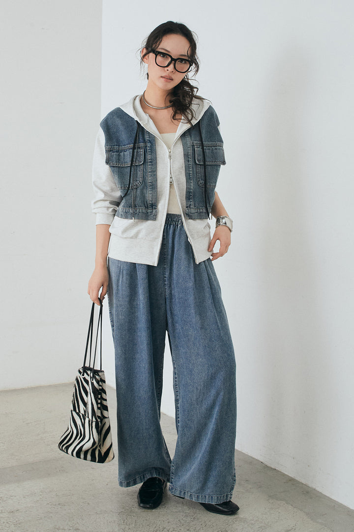 [SET]デニム切替ポンチダブルジップパーカー+テンセルデニムイージーワイドパンツ(2set)
