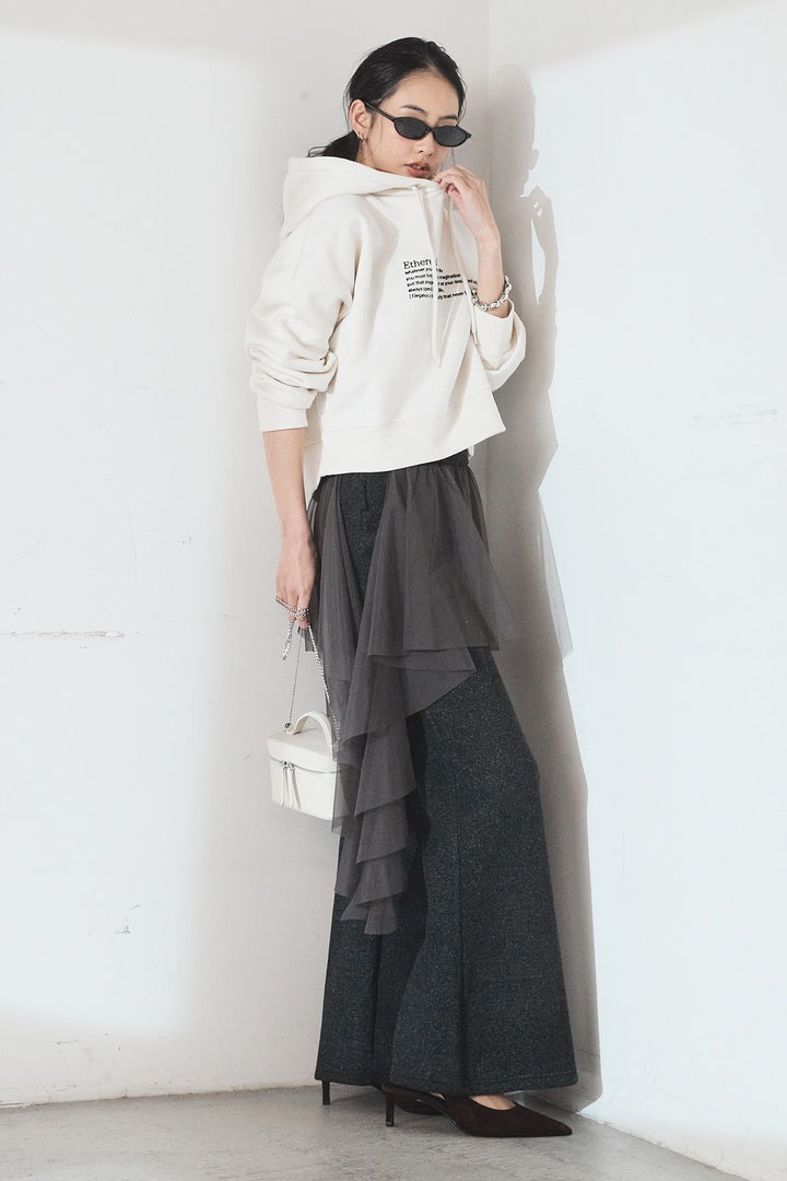 [SET]裏起毛レタリング刺繍フーディショートプルオーバー+チュールレイヤードニットパンツ(2set)