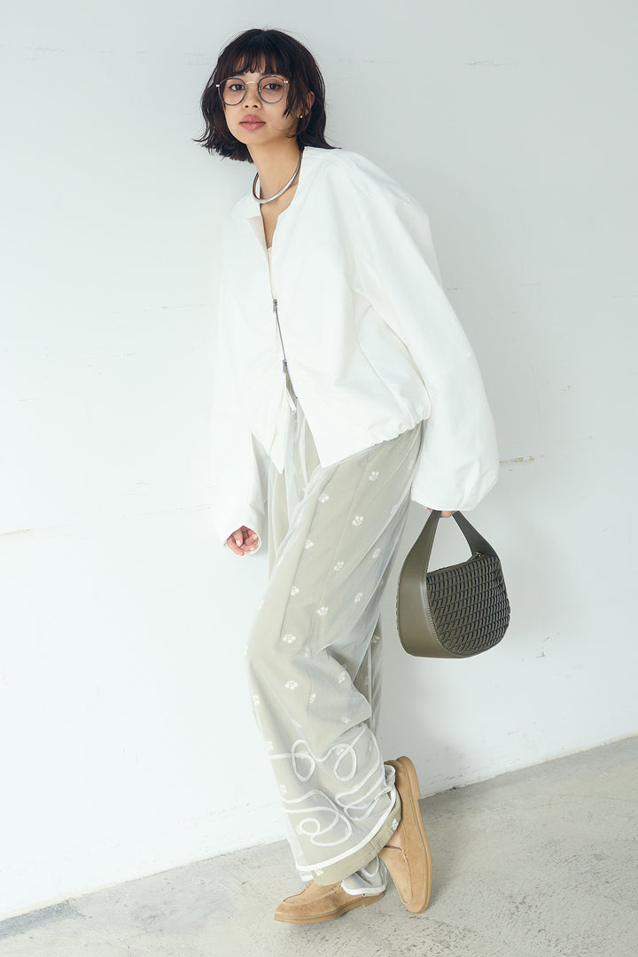 [SET]ニュアンスウェーブ刺繍シアーチュールパンツ+花柄刺繍ツイルタックパンツ(2set)