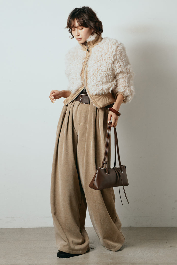 [SET]ハイネックショート丈ボアジップブルゾン+ベルトループコーデュロイワイドパンツ(2set)