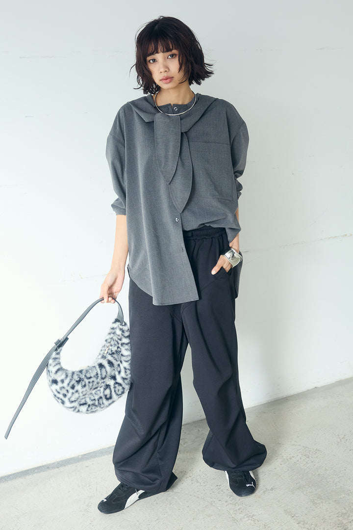 [SET]無地タイ付フーディーBIGシャツ+ランダムタックデザインワイドパンツ(2set)
