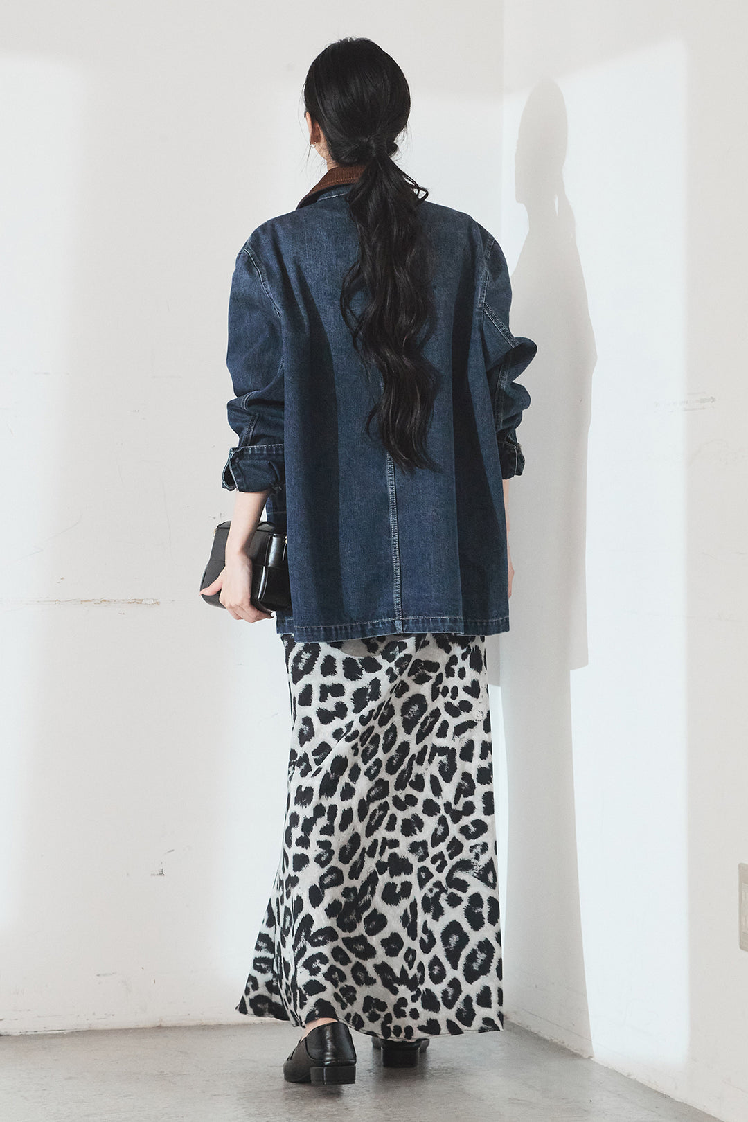 [SET]襟コーデュロイデニムカバーオール+レオパードサテンナロースカート(2set)