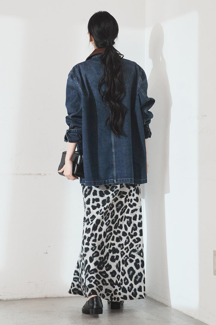 [SET]襟コーデュロイデニムカバーオール+レオパードサテンナロースカート(2set)