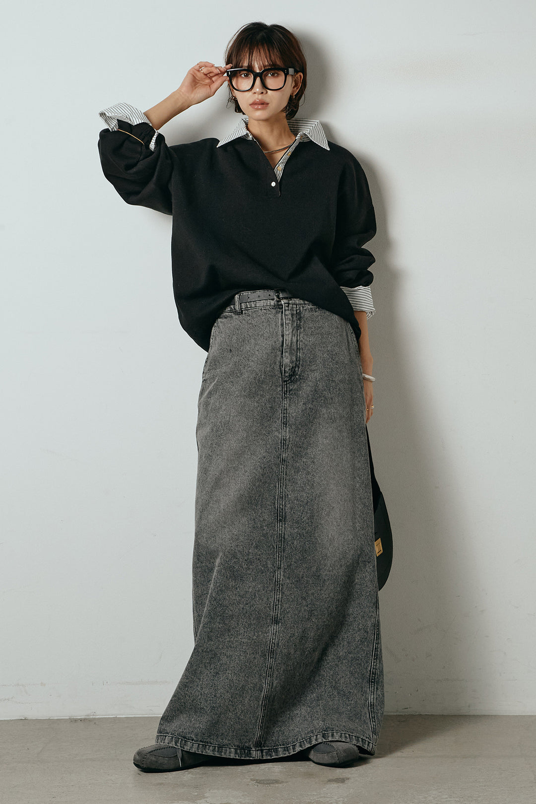 [SET]ストライプシャツドッキングポロトップス+デニムロングフレアスカート(2set)