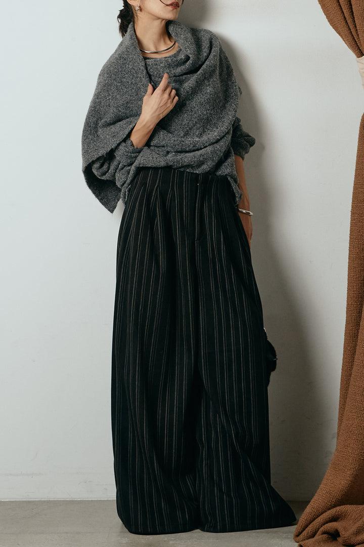 [SET]ネック巻きデザインニットトップス+タック入りマルチストライプ柄ワイドパンツ(2set)