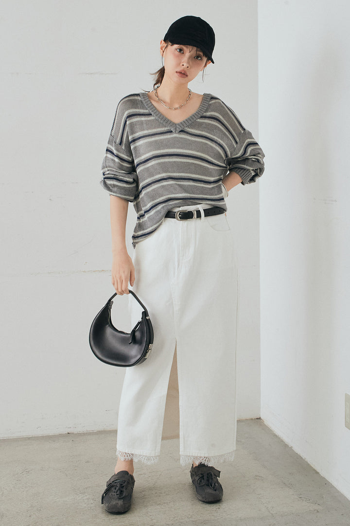 [SET]綿タッチVネックボーダートップス+裾レースデザインデニムスカート(2set)