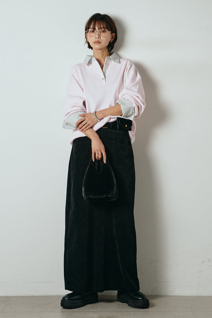 [SET]ストライプシャツドッキングポロトップス+ポーチベルト付きコーデュロイワイドスカート(2set)