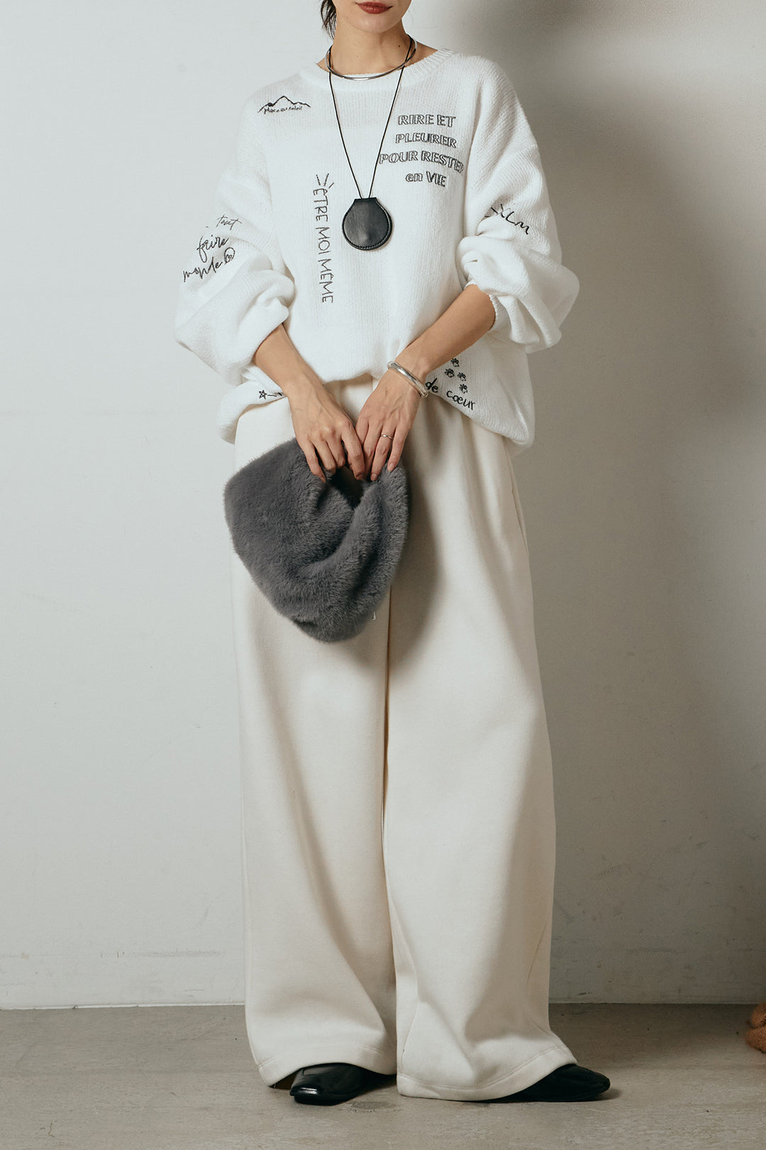 [SET]刺繍ロゴランダムデザインニットトップス+裏起毛スウェットワイドパンツ(2set)