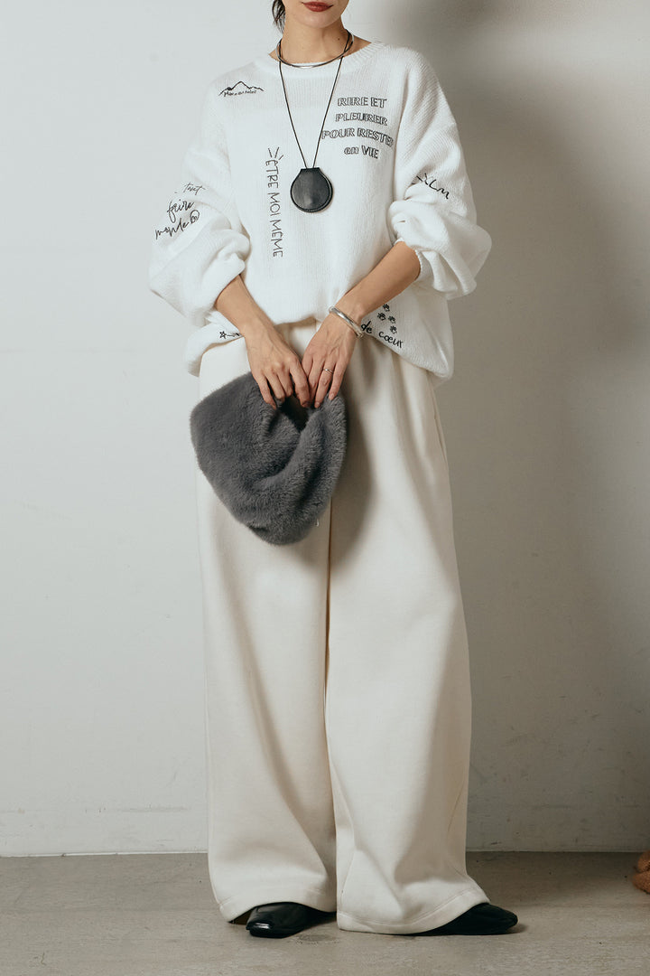 [SET]刺繍ロゴランダムデザインニットトップス+裏起毛スウェットワイドパンツ(2set)