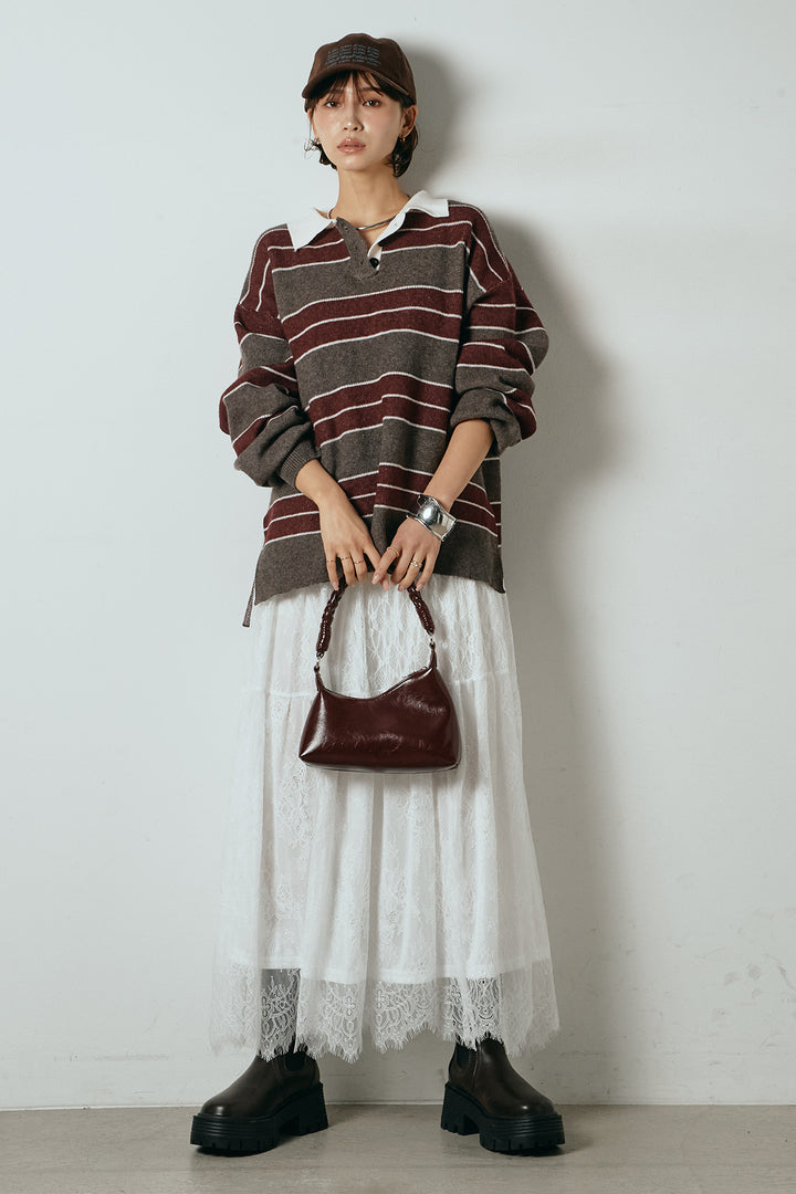 [SET]ラガーニットボーダーポロプルオーバー+ひげレース切替ロング丈スカート(2set)