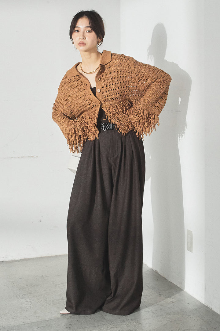 [SET]メッシュフリンジカーディガン+編みベルト付きウエストタックワイドパンツ(2set)
