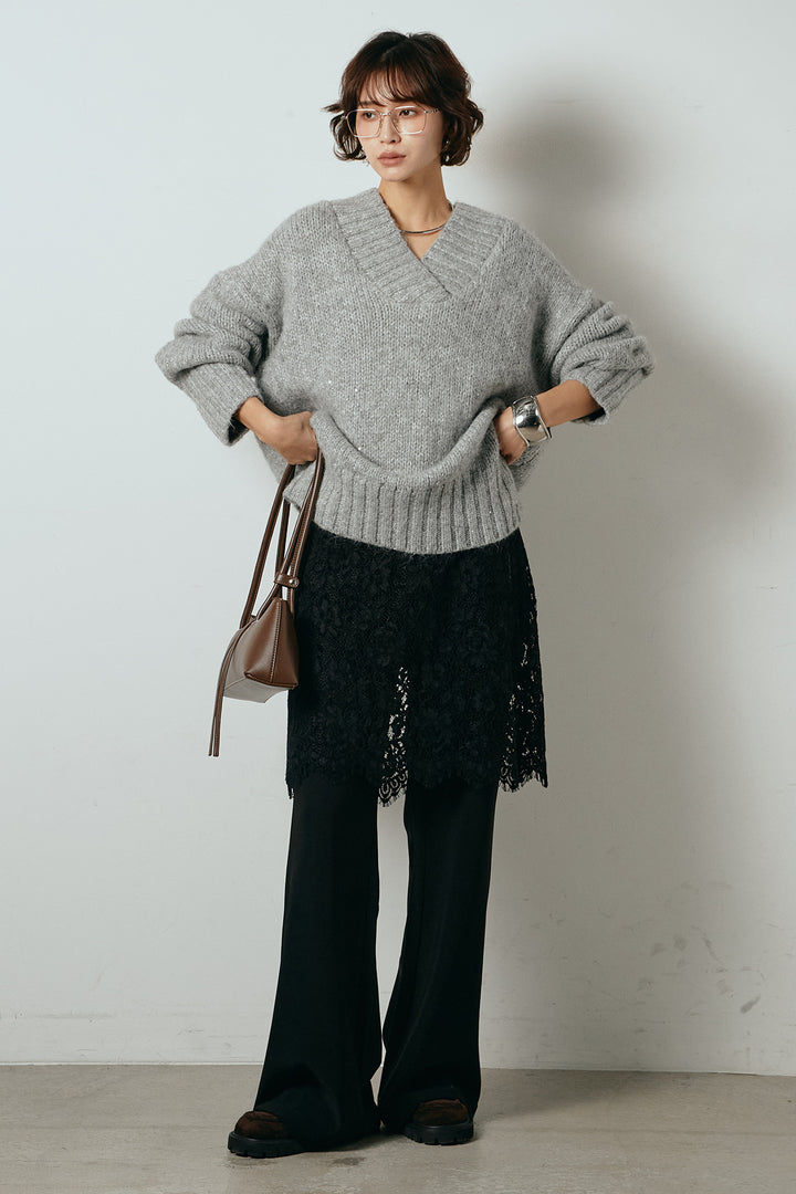 [SET]Vネックラメニットトップス+レース刺繍レイヤードフレアパンツ(2set)