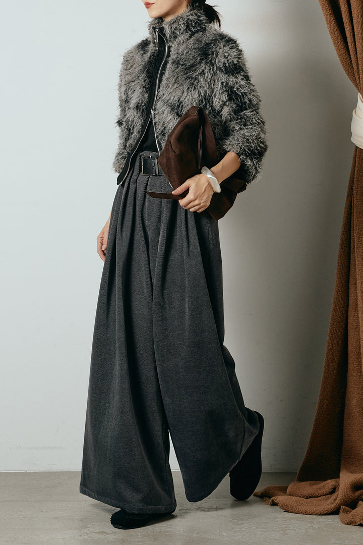 [SET]エコファースタンドカラーニュアンス柄ブルゾン+ベルトループコーデュロイワイドパンツ(2set)