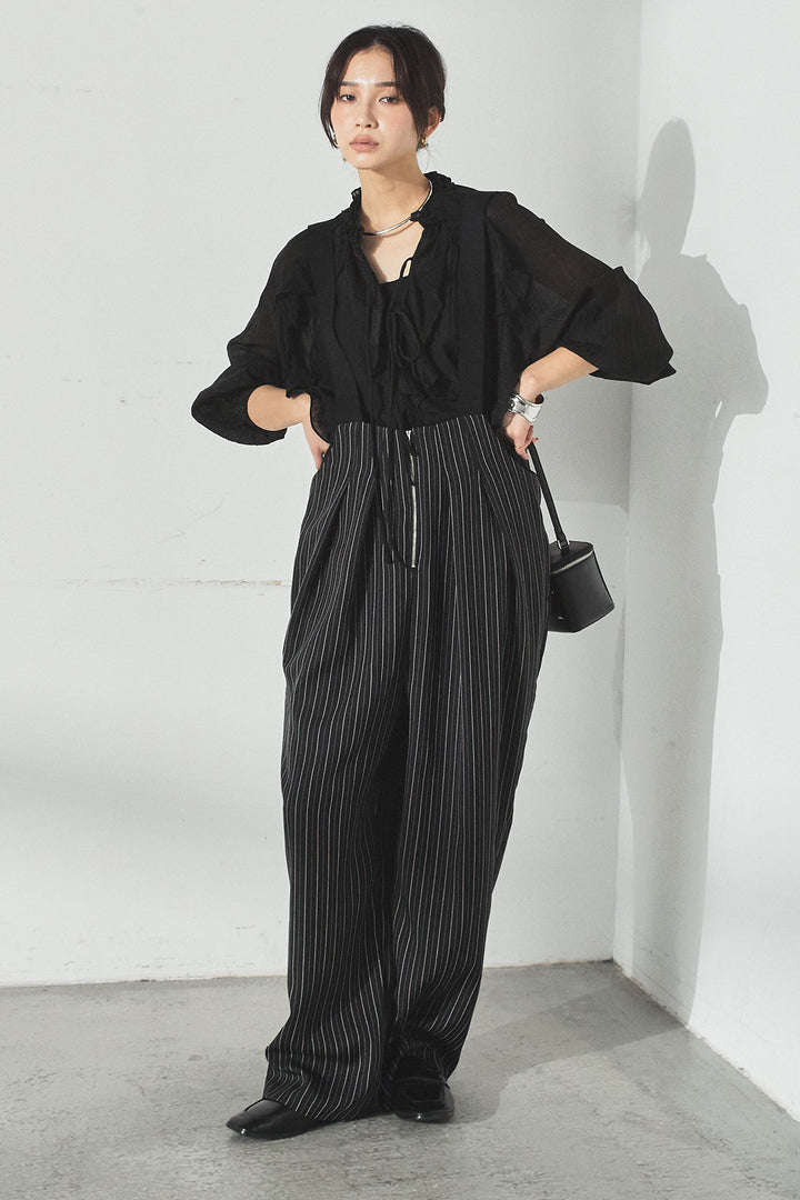 [SET]フロントリボンフリルブラウス+ピンストライプツータックサロペット(2set)