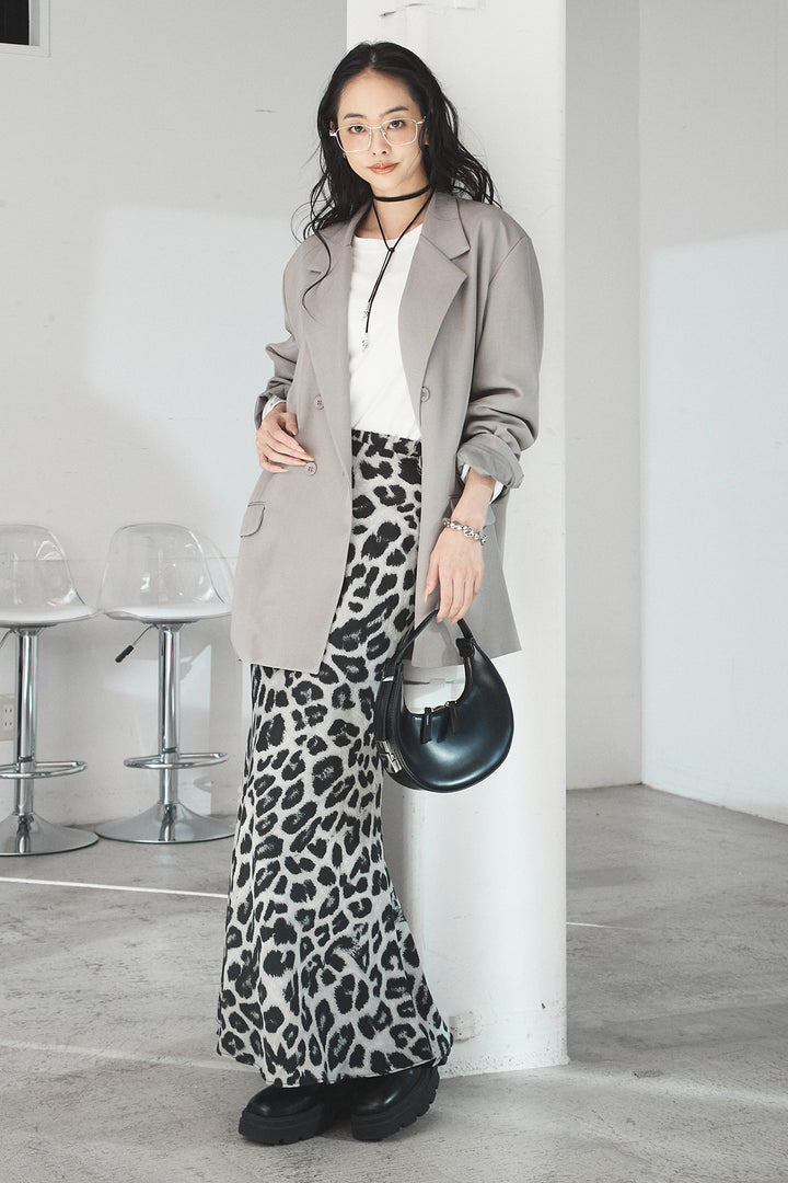 [SET]ルーズシルエットダブルテーラードジャケット+レオパードサテンナロースカート(2set)