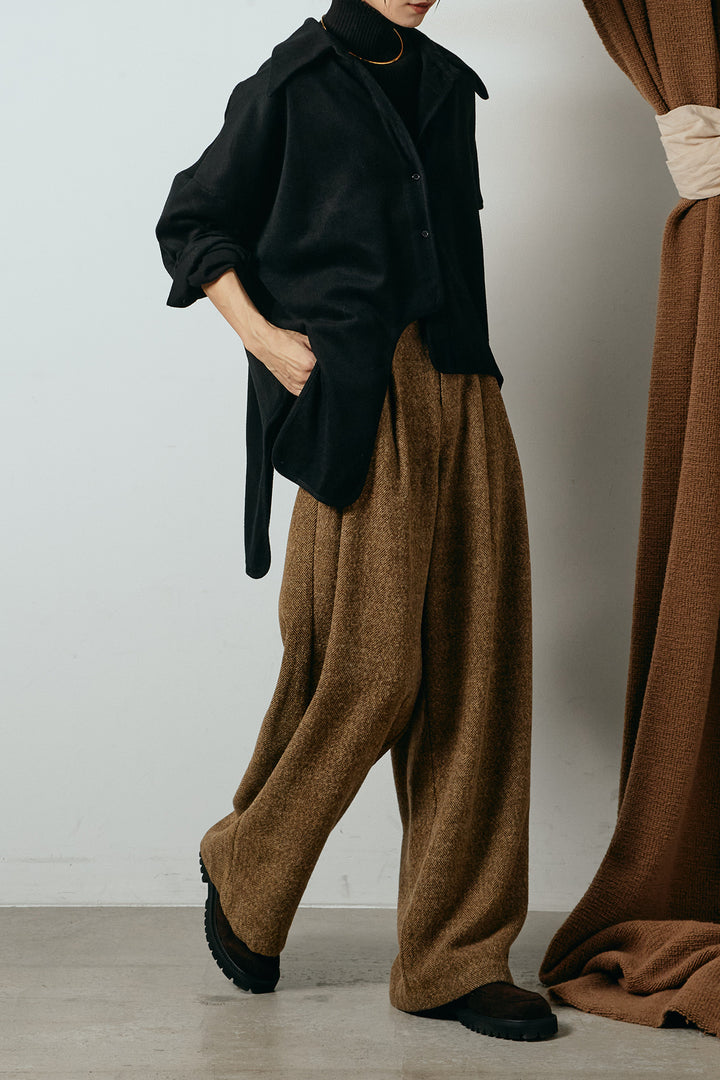 [SET]裾アシンメトリーデザインシャツ+タックツイードワイドパンツ+リブニットシームレスタートルプルオーバー(3set)